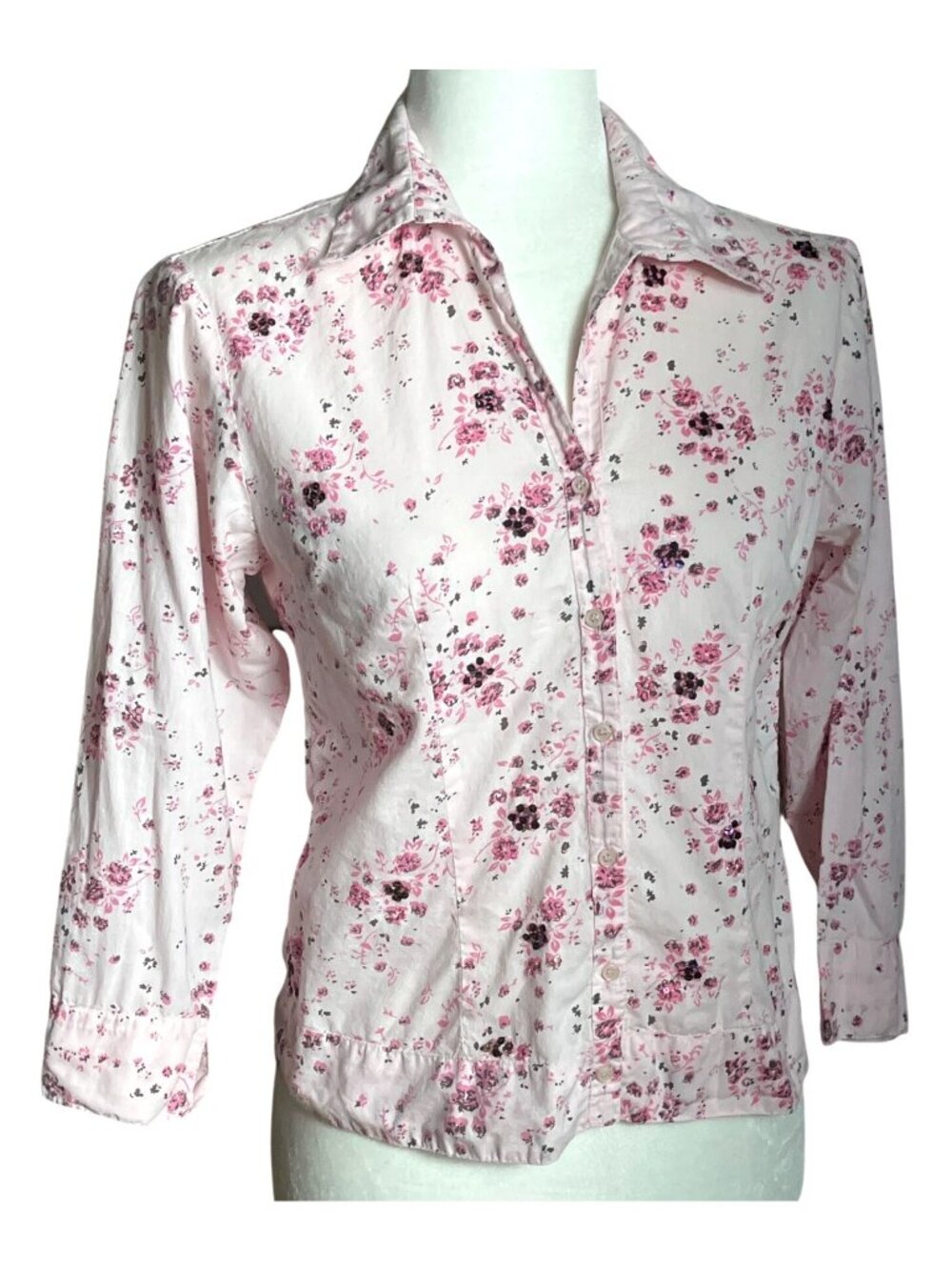 Y2K Quizz Blouse Pink Floral Sequin Cottagecore Casual Cowgirl Button Dainty S